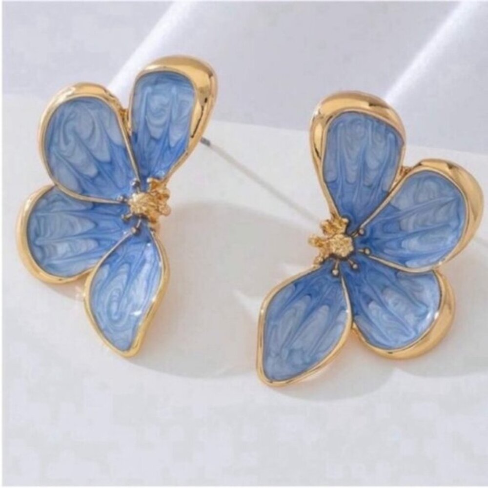New! Anthropologie Hand Painted Blue Gold Flower Statement Earrings NWOT